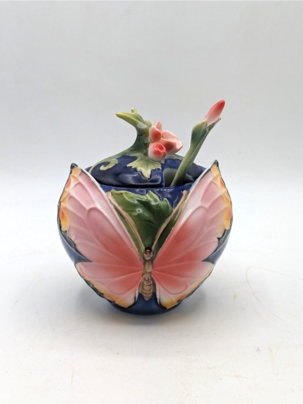 Pier 1 Butterfly 3D Hand Painted Porcelain Sugar Bowl with Lid and Spoon 4"